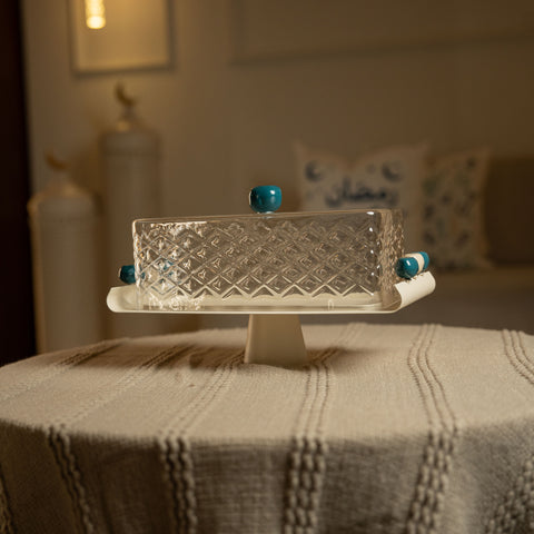 مضيفة زجاجيةمستطيلة مع غطاء -  صغير - ازرق