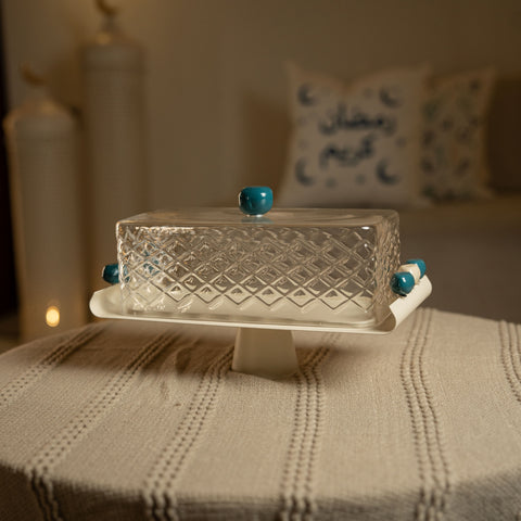 مضيفة زجاجيةمستطيلة مع غطاء -  صغير - ازرق