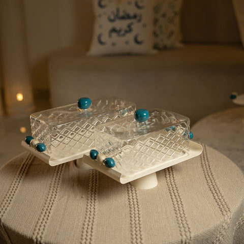 مضيفة زجاجيةمستطيلة مع غطاء -  صغير - ازرق