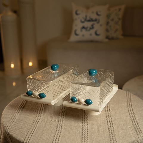 مضيفة زجاجيةمستطيلة مع غطاء -  صغير - ازرق