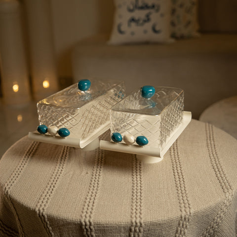 مضيفة زجاجيةمستطيلة مع غطاء -  صغير - ازرق