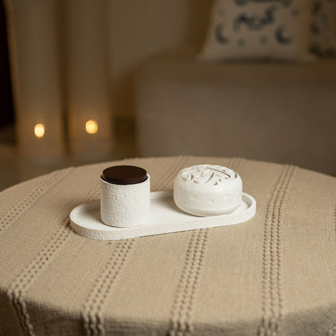 طقم مبخرة حجرية 3 قطع زخرفة خط عربي - أبيض