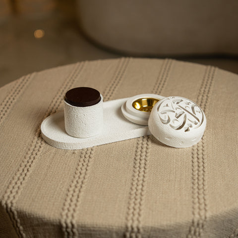 طقم مبخرة حجرية 3 قطع زخرفة خط عربي - أبيض