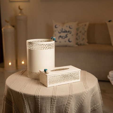 طقم علبة محارم وسلة نفايات مزخرف - ازرق