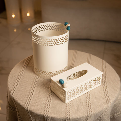 طقم علبة محارم وسلة نفايات مزخرف - ازرق