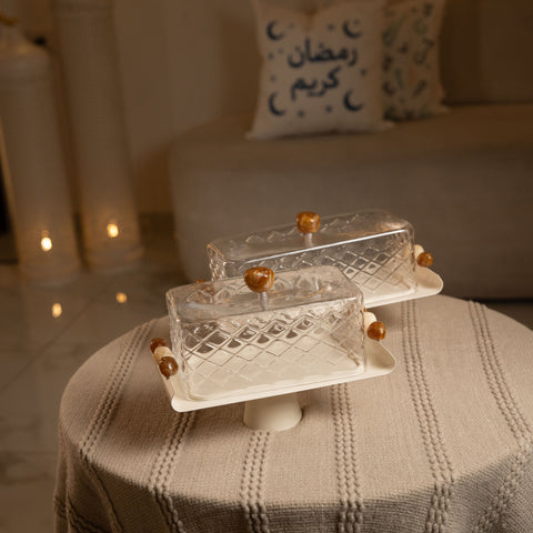 مضيفة زجاجيةمستطيلة مع غطاء -  صغير - بني