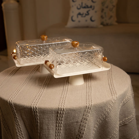 مضيفة زجاجيةمستطيلة مع غطاء -  صغير - بني